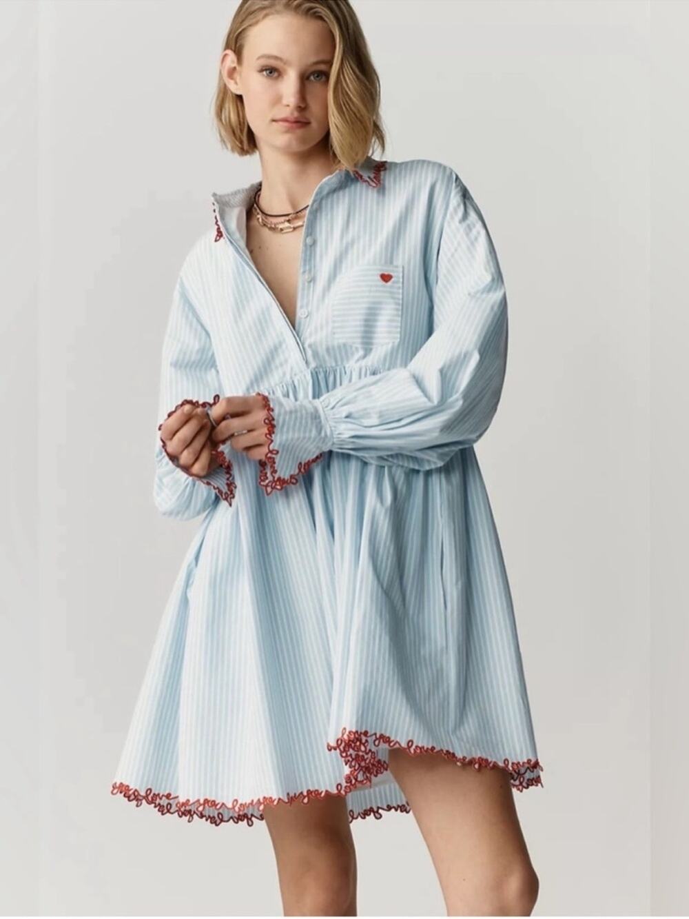 Maeve Love Letter Embroidered Swing Shirt Dress